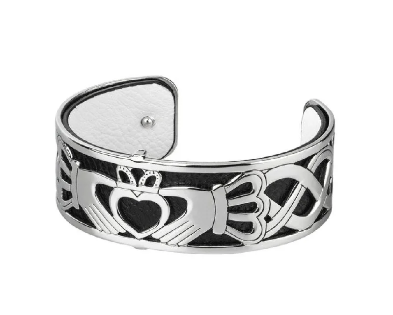 gold bangle sets -Rhodium Plated Leather Claddagh Cuff Bangle