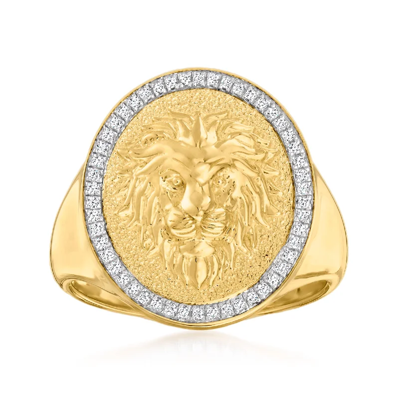 engagement rings with white sapphires -Ross-Simons Diamond Lion Head Signet Ring in 18kt Gold Over Sterling