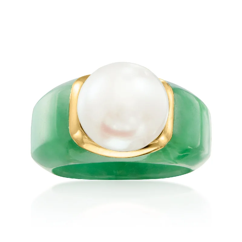 engagement rings with emerald-cut diamonds -Ross-Simons 11.5-12mm Cultured Pearl and Jade Ring With 14kt Yellow Gold