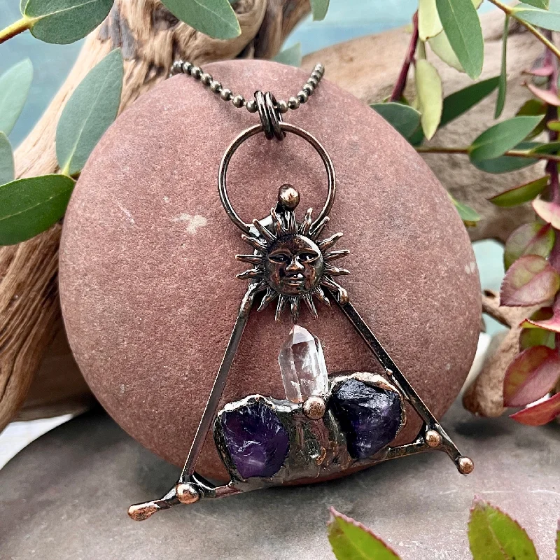 women necklace -Triangle Sun Necklace with Amethyst & Quartz