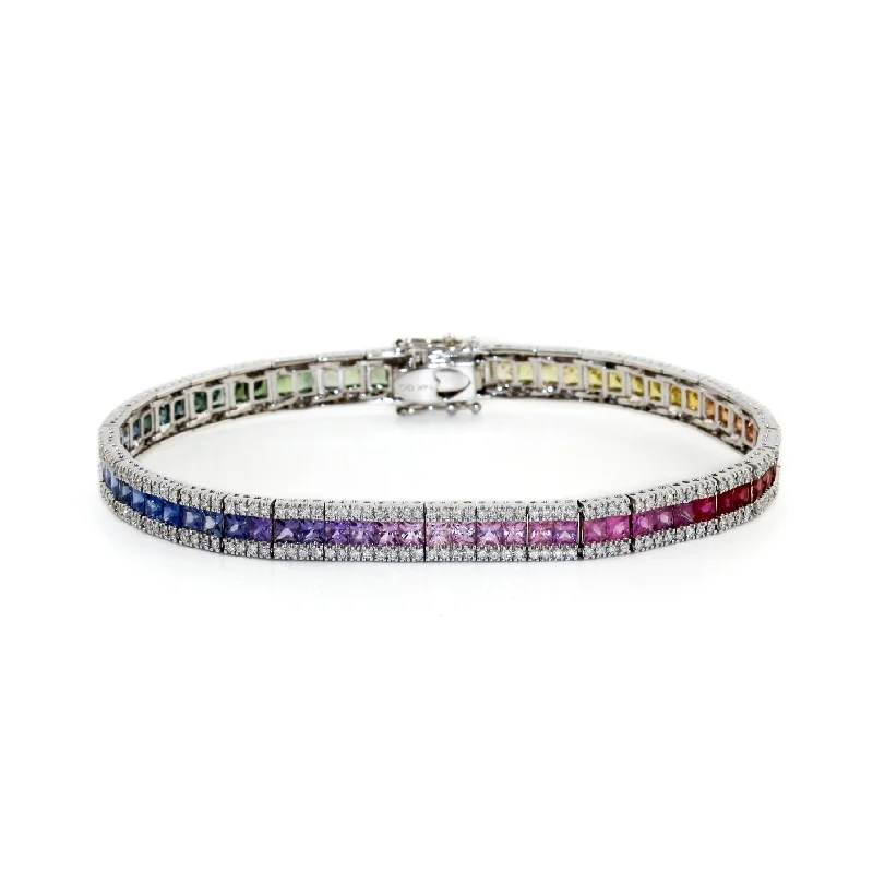 gift-worthy bangle sets -Rainbow Sapphire Tennis Bracelet with Pave Diamonds