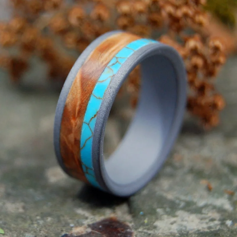 cocktail rings for women -Kinship Sandblasted | Men's Tibetan Turquoise, Wood & Titanium Wedding Ring