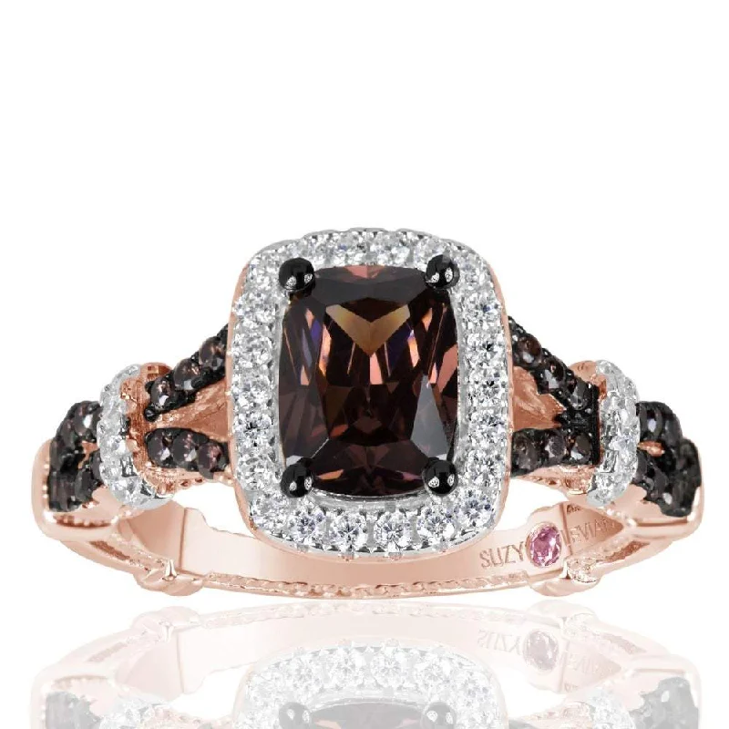 engagement rings with ruby stones -Suzy Levian Rose Sterling Silver Brown and White Cubic Zirconia Engagement Ring