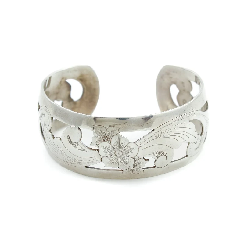 leather bracelets for women -Floral Silver "D. Olson" Scandinavian Cuff Bracelet