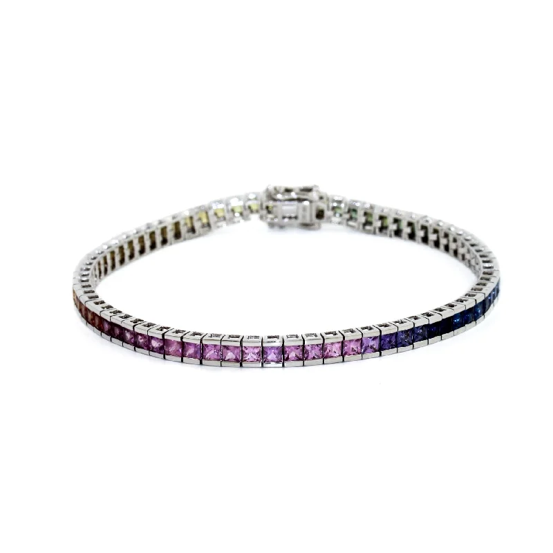 simple silver bracelets -14k White Gold x Rainbow Gradient Sapphire Tennis Bracelet