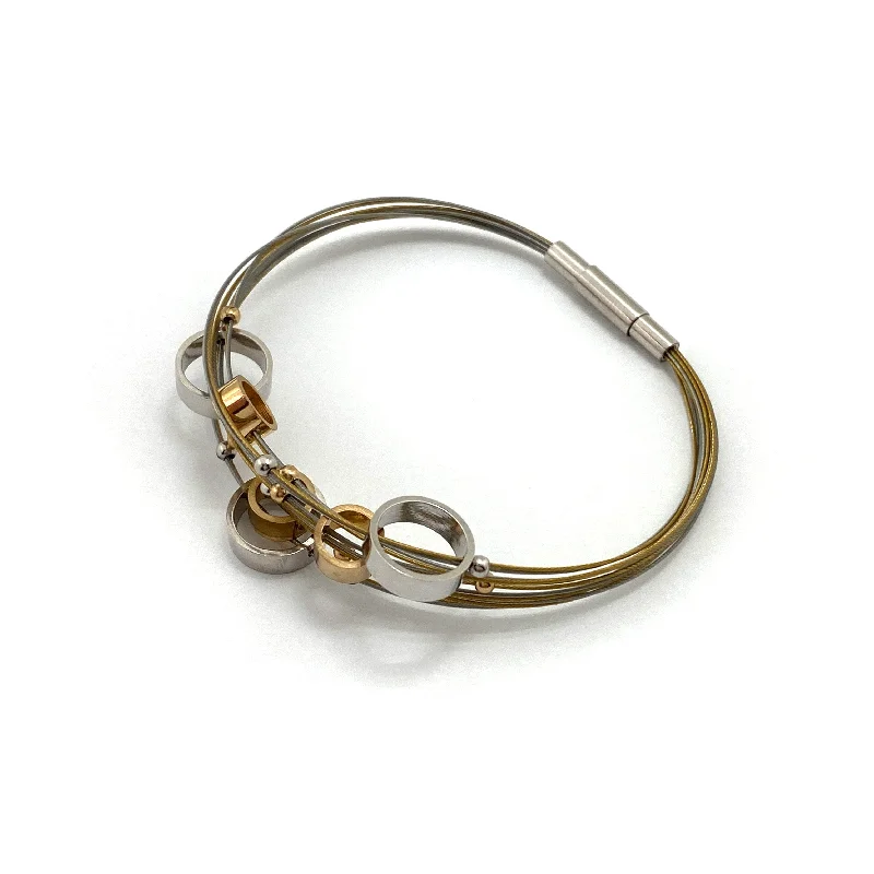 cuff bracelets for women -Circular Gold and Silver Steel Cable Bracelet