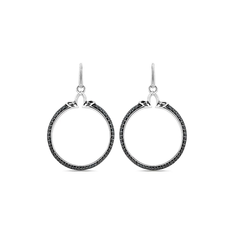 trendy ear studs -Portrait Pavé Hoop Earring 1" - Sterling Silver + CZ Noir