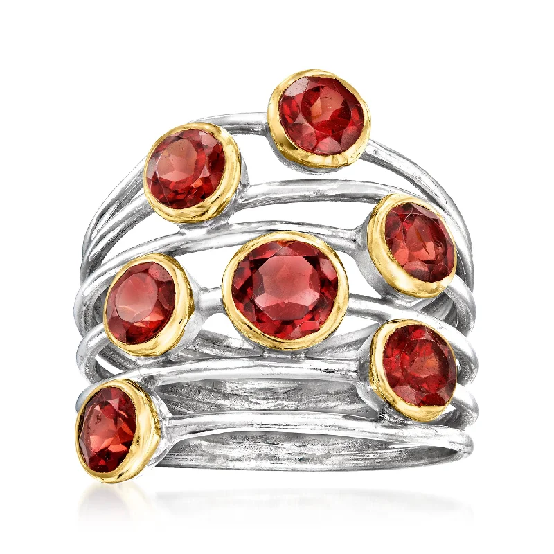 engagement rings with accent diamonds -Ross-Simons Garnet Highway Ring in Sterling Silver and 18kt Gold Over Sterling