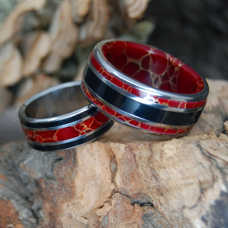 personalized rings for women -Those Days In Shanghai | Red Gold Webbed Jasper & Onyx Stone - Titanium Wedding Ring Set