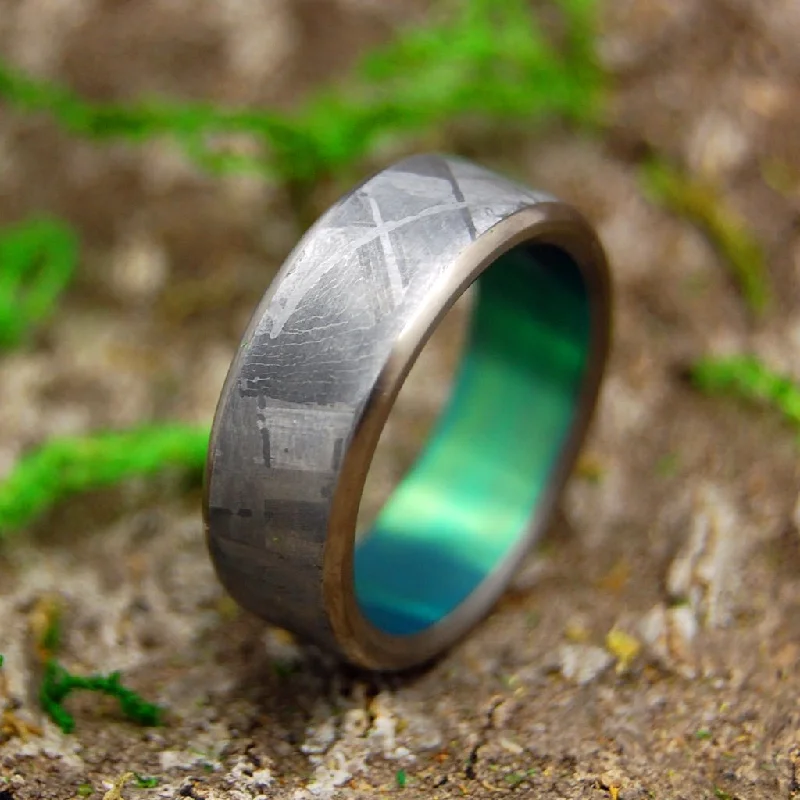 unique rings for women -Green Moon Landing | Men's Meteorite, Green Anodized Titanium Wedding Ring