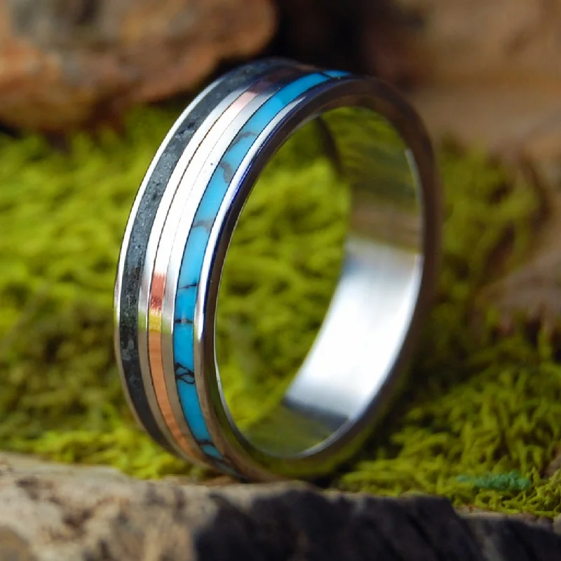 gemstone rings for women -Black Thunder Coal Mine | Men's American Coal, Turquoise, Copper & Titanium Wedding Ring