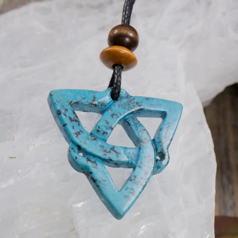 engraved nameplate necklaces -Light & Dark African Turquoise Jasper | Sacred Symbols Triquetra Amulet