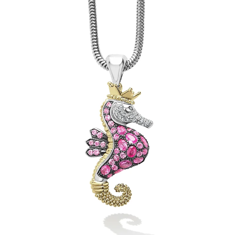 engraved nameplate necklaces -Rare Wonders Pink Sapphire and Diamond Seahorse Pendant Necklace