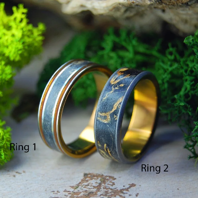 women’s promise rings -Distillation & Sublimation Alchemy | Box Elder Wood & Titanium Wedding Ring Set