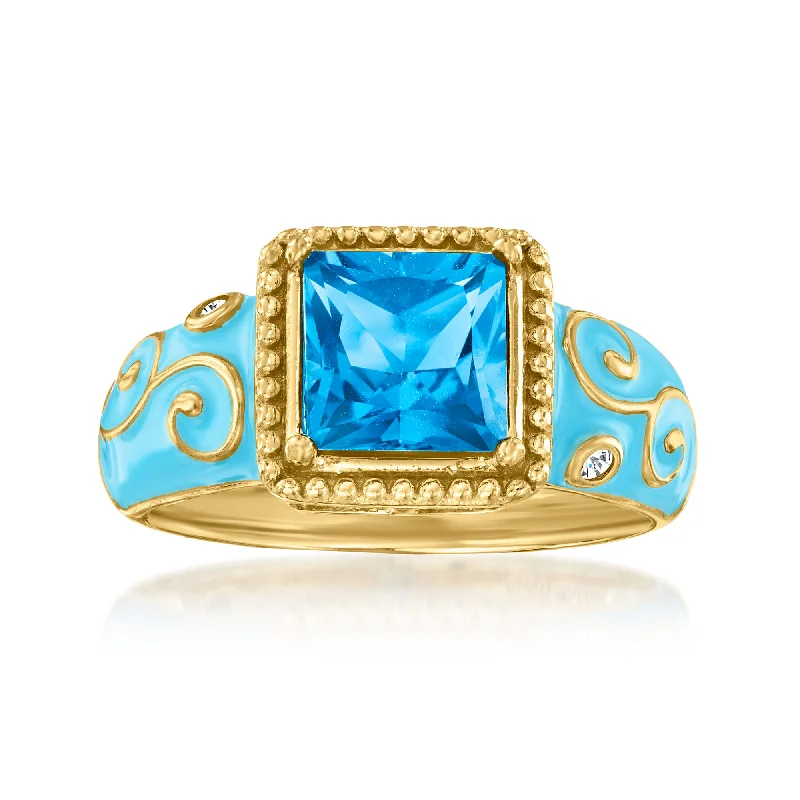 colored gemstone engagement rings -Ross-Simons London Blue Topaz Ring With White Topaz Accents and Blue Enamel in 18kt Gold Over Sterling