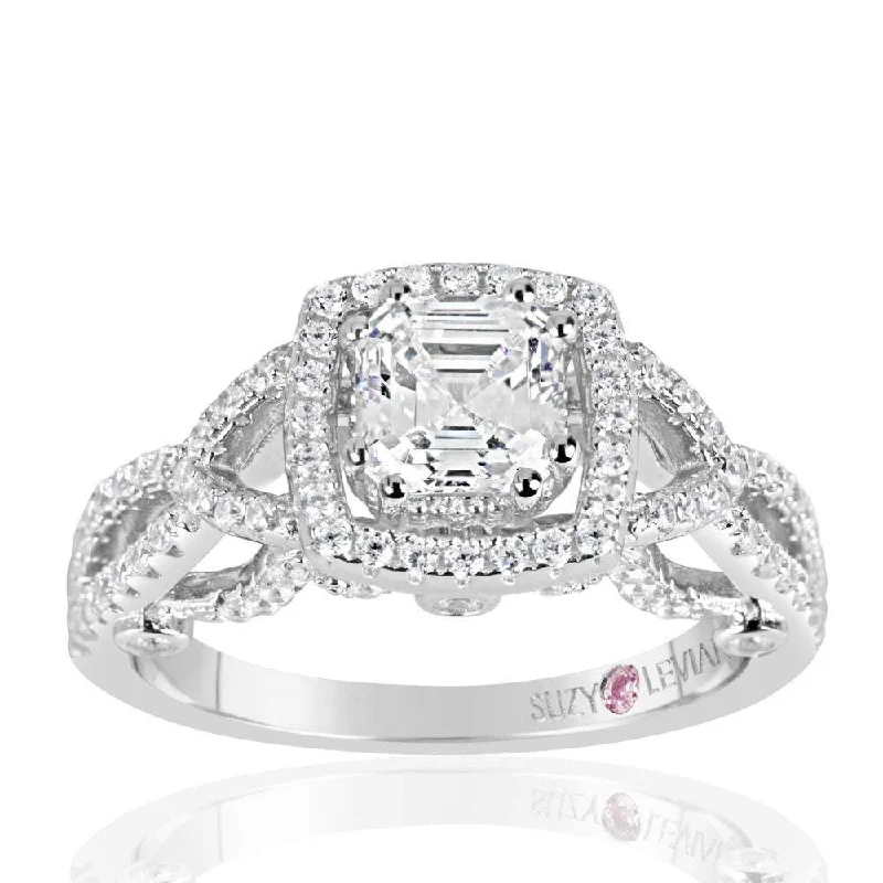 diamond halo engagement rings -Suzy Levian Sterling Silver Asscher Cut White Cubic Zirconia Engagement Ring