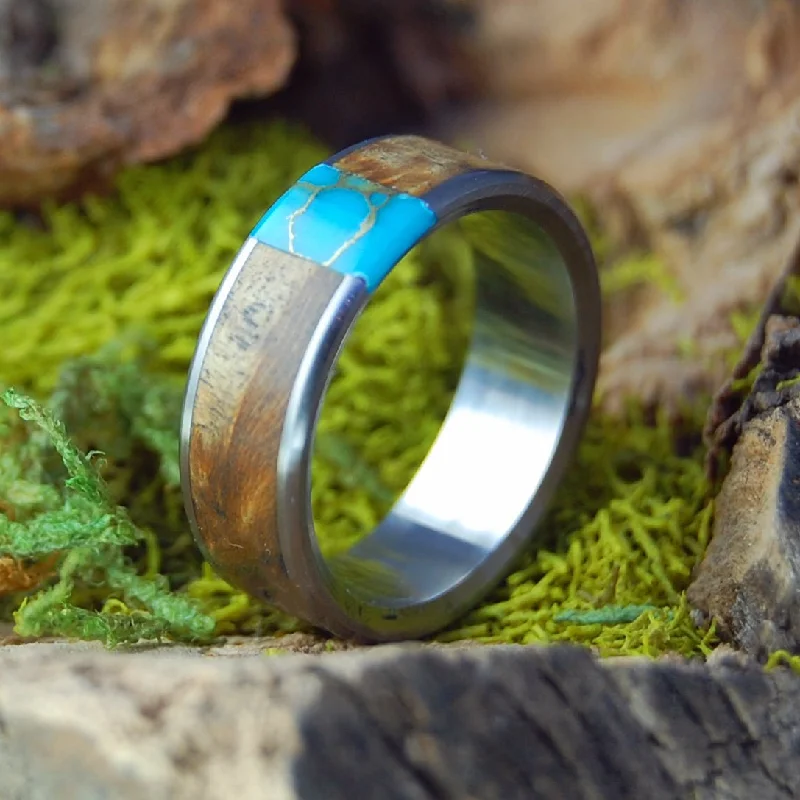 gold rings for women -Artist Of Tibet | Men's Box Elder Wood, Tibetan Turquoise & Titanium Wedding Ring