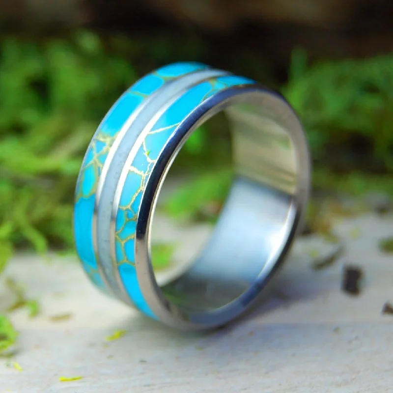 personalized rings for women -Mammoth Hunter | Men's Woolly Mammoth Tusk, Tibetan Turquoise Stone & Titanium Wedding Ring