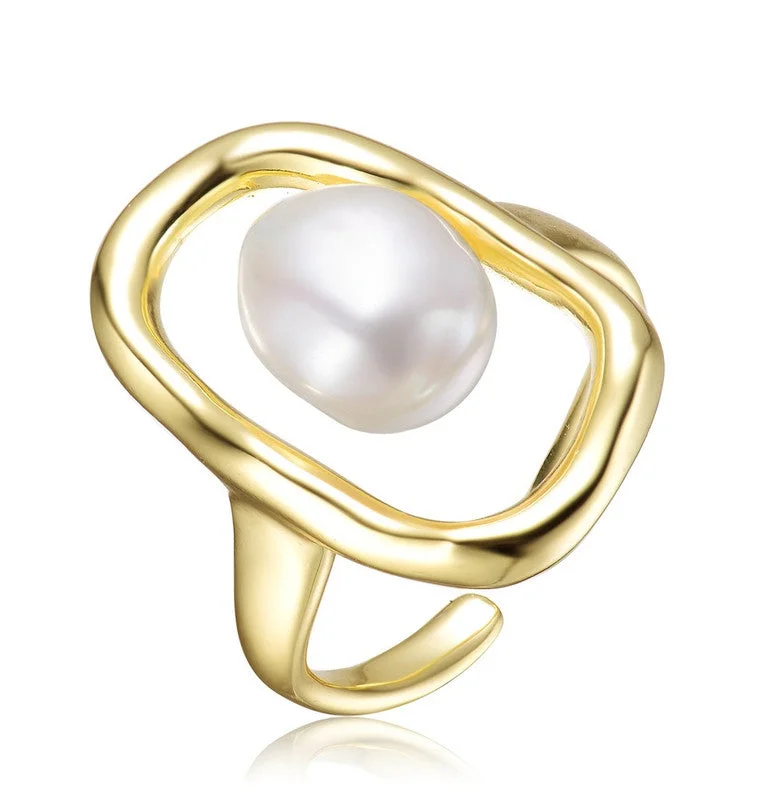 elegant engagement rings -Sterling Silver 14k Gold Plated with Genuine Freshwater Pearl Outline Framed Ring