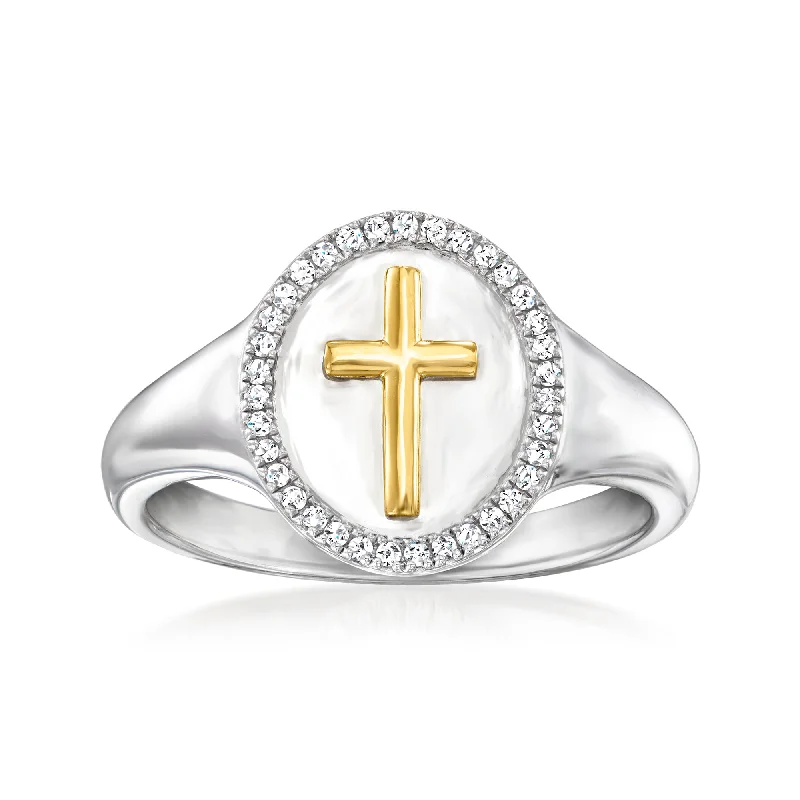 classic engagement rings -Ross-Simons Diamond Cross Ring in Sterling Silver and 18kt Gold Over Sterling