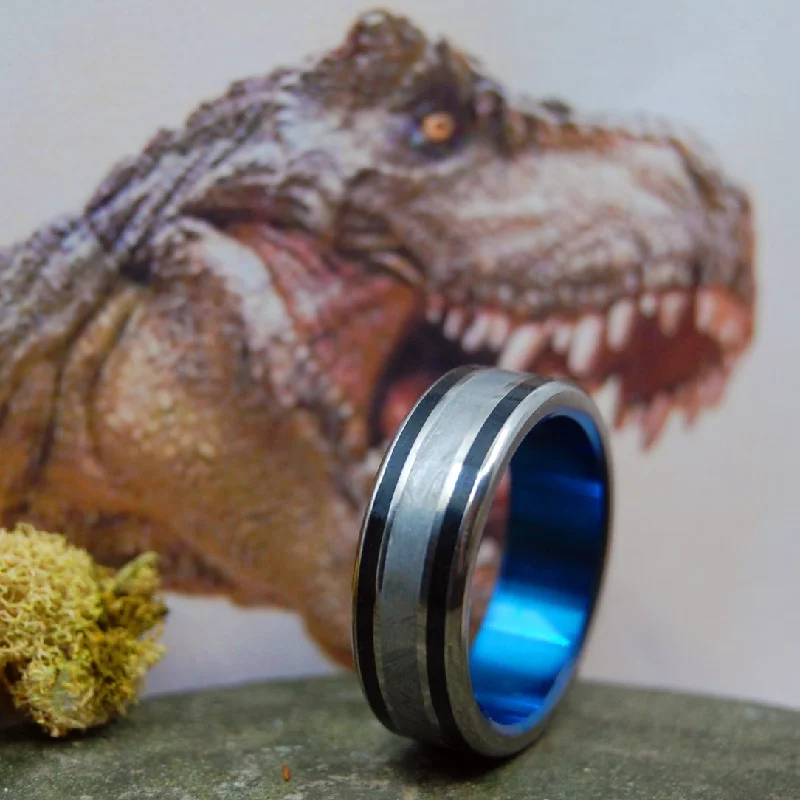 wedding rings for men and women -T-Rex Dino-Blue | Men's Dinosaur Tooth, Meteorite & Titanium Wedding Ring