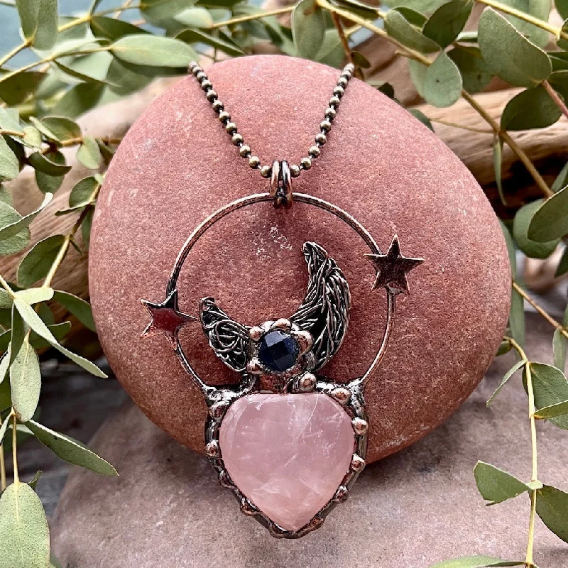 custom family tree necklaces -Rose Quartz Heart Moon & Stars Necklace - Bronze