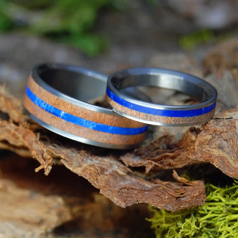 rose gold rings for women -Sodalite And Cherry Wood Blues | Titanium & Wood Wedding Ring Set