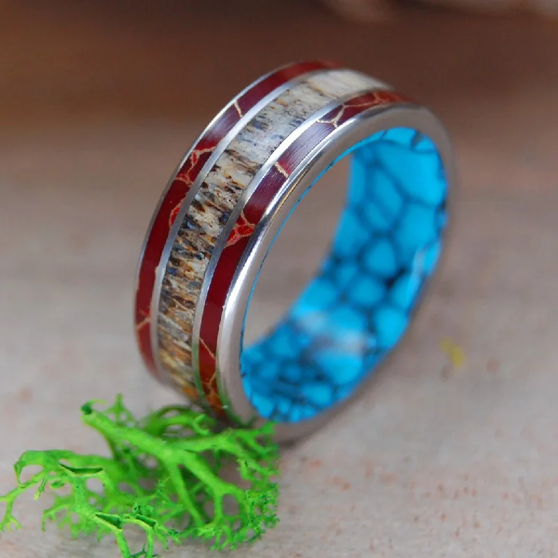 elegant ring designs for women -Red Jasper Turquoise Moose Off Maine | Men's Red Jasper, Turquoise, Azurite & Moose Antler Wedding Ring