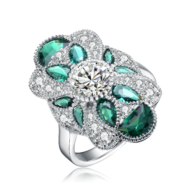 engagement rings with matching wedding bands -GENEVIVE Sterling Silver Emerald Cubic Zirconia Floral Cocktail Ring