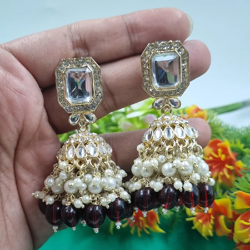 glamorous earrings for evening wear -Gehana Mahal Gold Crystal Stone And Beads Jhumki Earrings