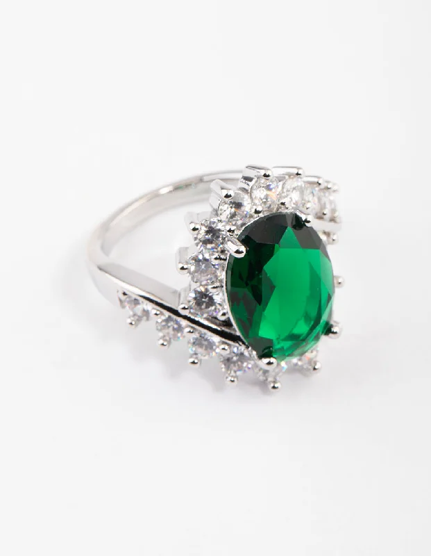 engagement rings with halo settings -Rhodium Cubic Zirconia Vintage Green Oval Ring