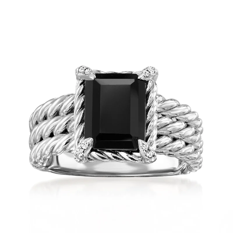 engagement rings with personalized engraving -Ross-Simons Onyx 3-Row Ring With White Topaz in Sterling Silver