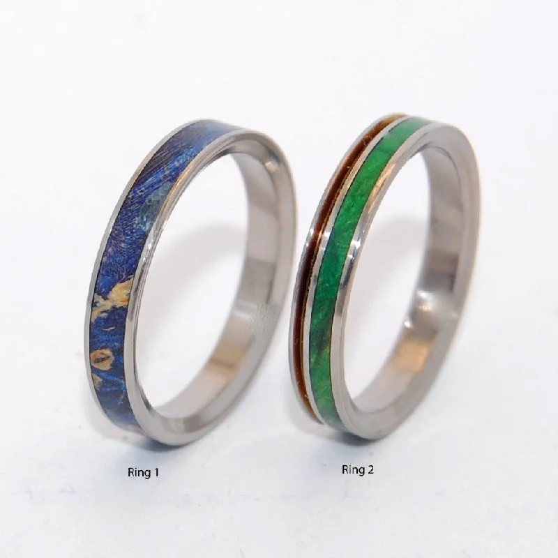 classic wedding rings -Stars & Moss | Green Box Elder Wood & Blue Box Elder Wood - Titanium Wedding Ring - Unique Wedding Ring