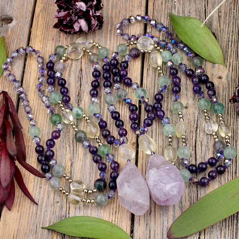 boho chic necklaces -Amethyst and Fluorite Beaded Necklace with Amethyst Charm