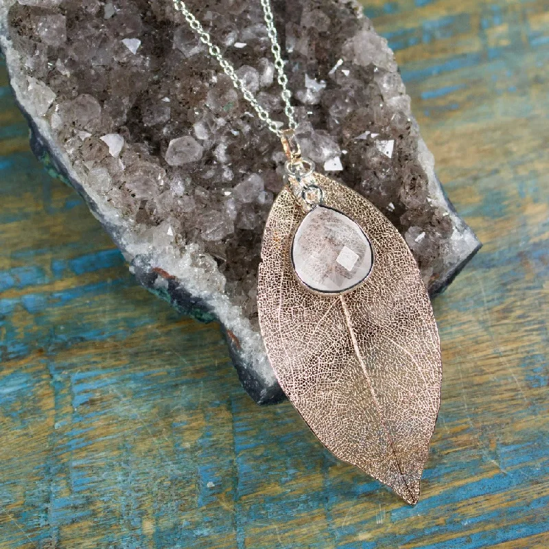 wedding anniversary necklaces -Rose Gold Leaf with Quartz Necklace