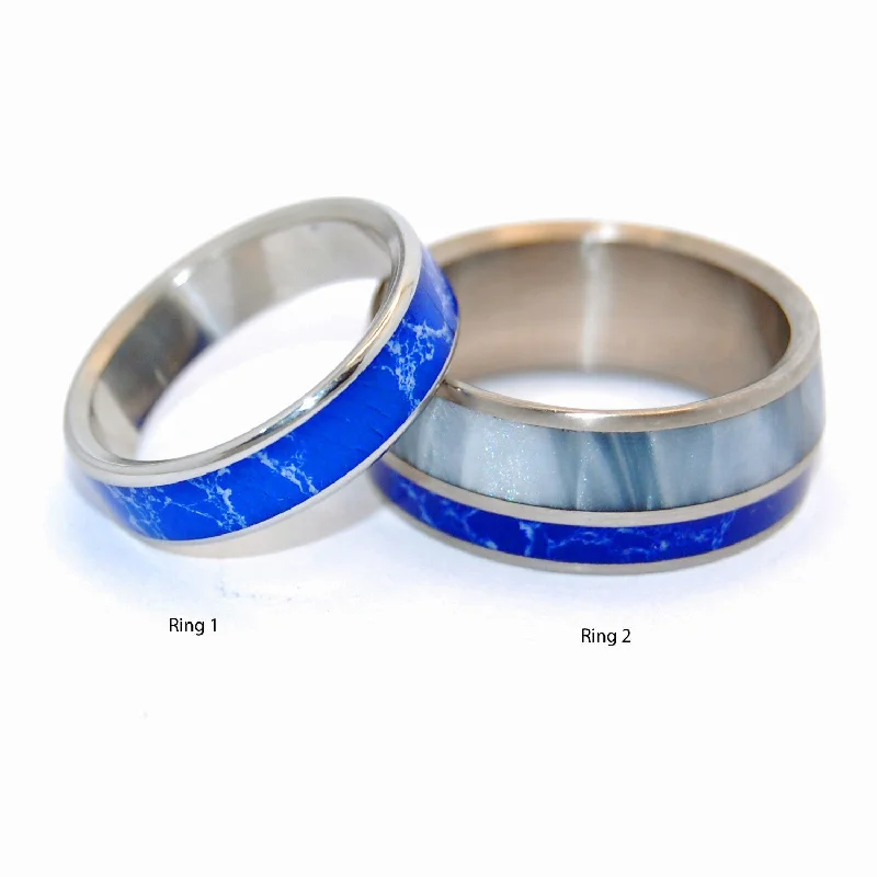 wedding rings for brides -We'll Always Be Where Blue Stars Shine | Stone And Titanium Wedding Ring Set