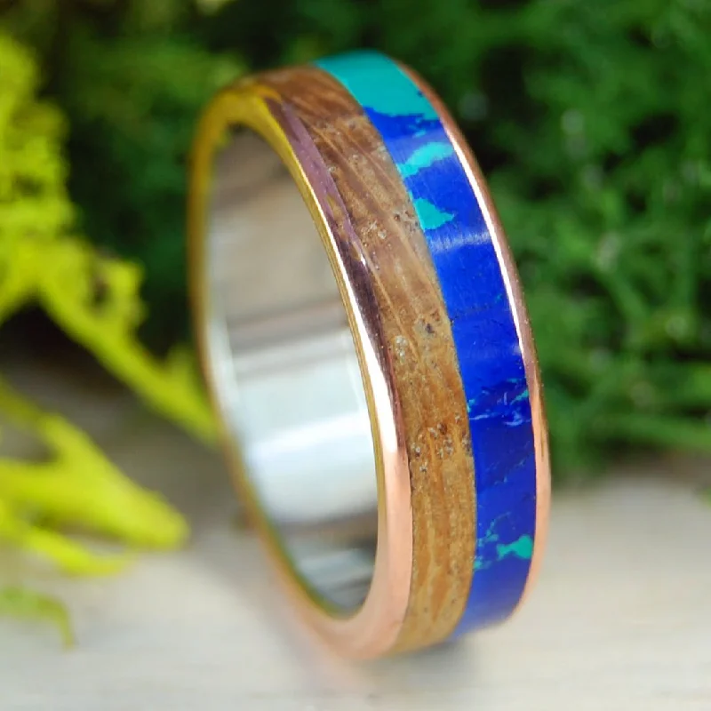 handcrafted rings for women -Whiskey Azurite | Men's Whiskey Barrel, Azurite, & Titanium Wedding Ring