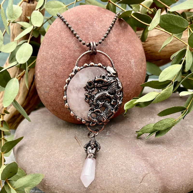 meaningful necklaces for women -Rose Quartz Dragon Necklace - Bronze