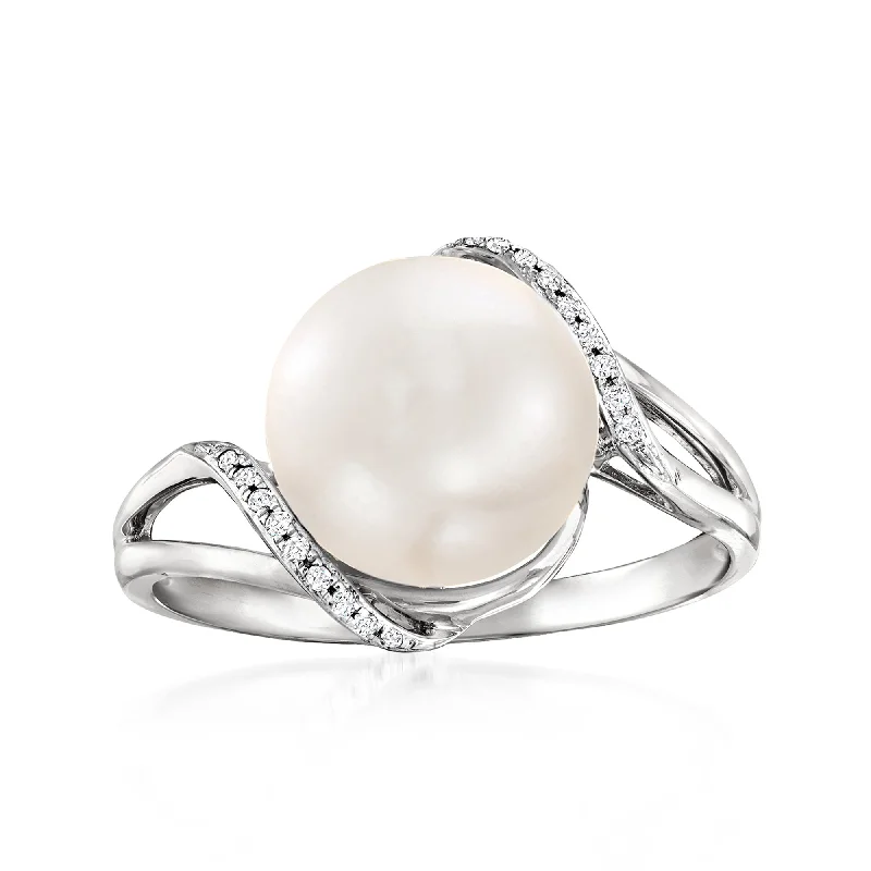 engagement rings with personalized engraving -Ross-Simons 10-10.5mm Cultured Pearl Wave Ring With Diamonds in 14kt White Gold