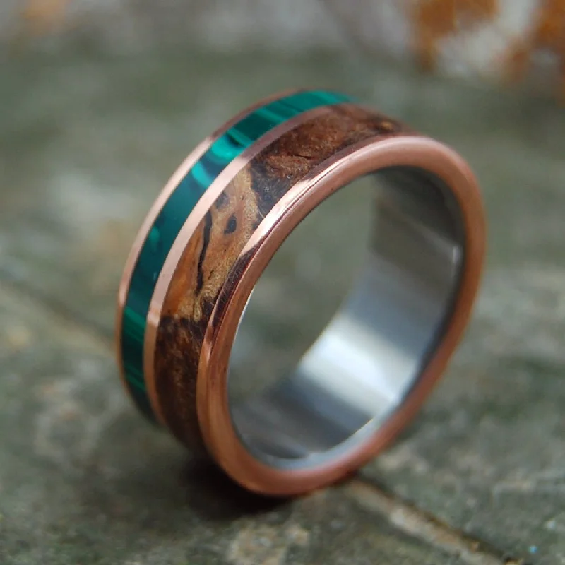 personalized rings with names -Copper Light | Men's Titanium, Spalted Maple, & Malachite Stone Wedding Ring