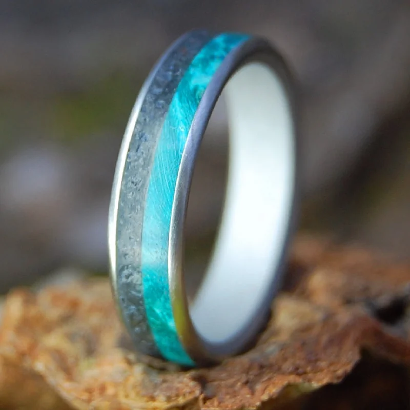 wedding rings for men and women -Inox Lava Turquoise Ii | Men's Wood, Icelandic Lava & Inox Steel Wedding Ring