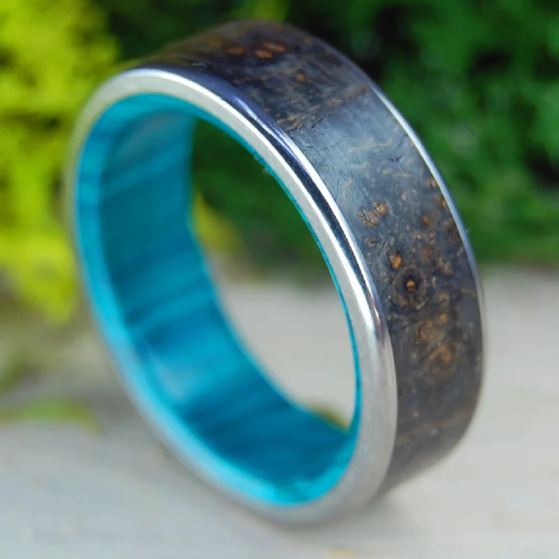 women’s stackable gold rings -Black Wood Chrysocolla | Men's Black Box Elder Wood, Chrysocolla & Titanium Wedding Ring