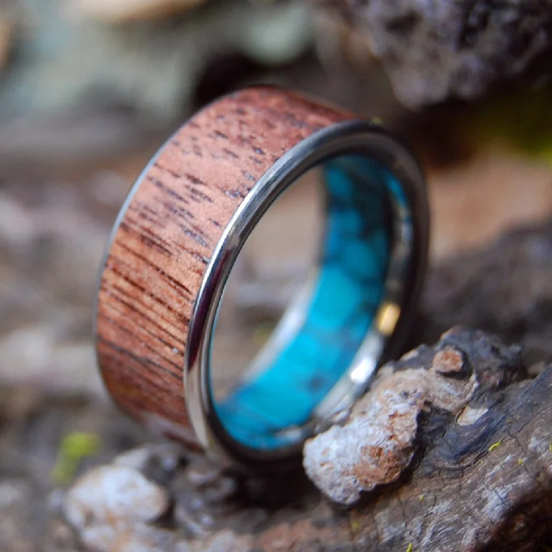 trendy women’s rings -Koa To The Sea Plus | Men's Turquoise, Koa Wood & Titanium Wedding Ring