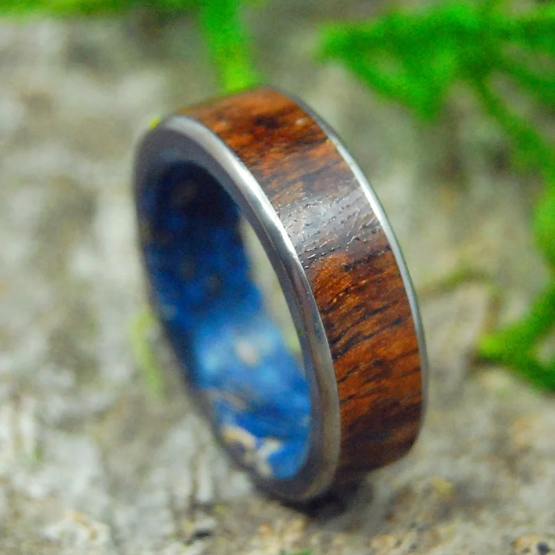 wedding rings for men and women -Poseidon's Conifer | Men's Koa Wood, Dark Blue Box Elder & Titanium Wedding Ring