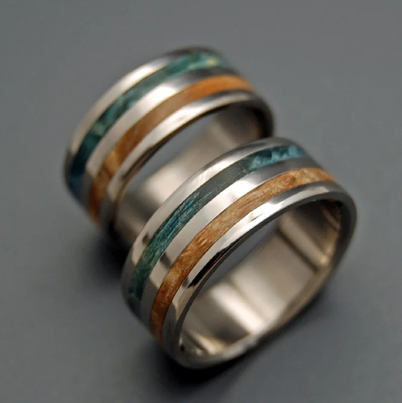 gold rings for women -Giving Tree | Blue Maple Burl Wood & Spalted Maple Titanium Wedding Ring Set