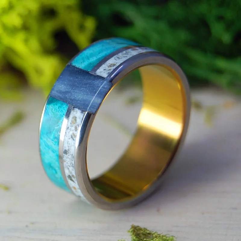 trendy women’s rings -Sunset Over Germany Vertical | Men's Turquoise Box Elder Wood, German Earth & Titanium Wedding Ring