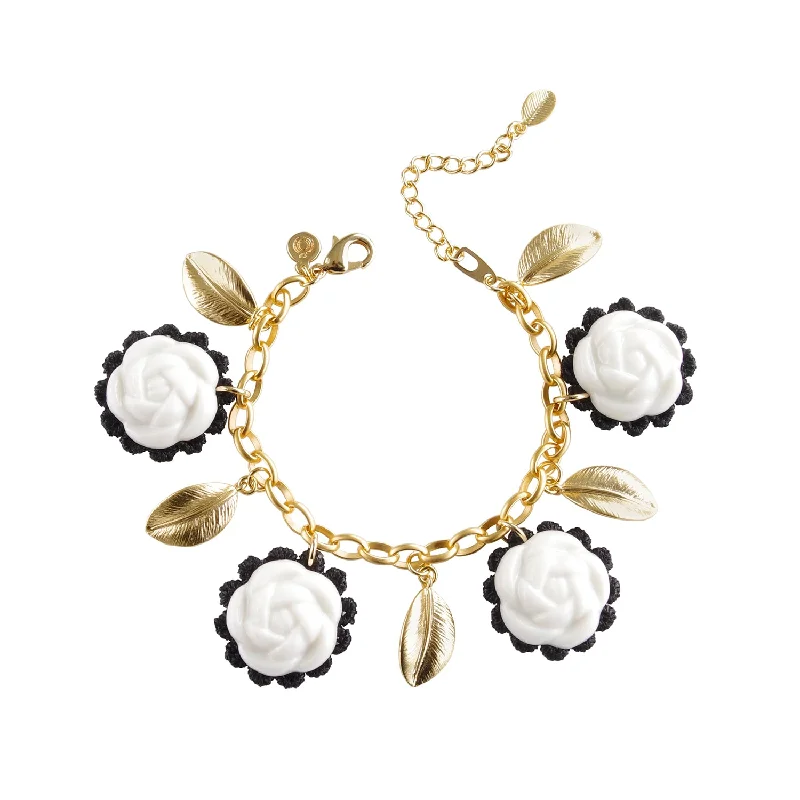 trendy bracelets for women -Porcelain Camellias and Golden Leaves Vintage Bracelet | Poporcelain