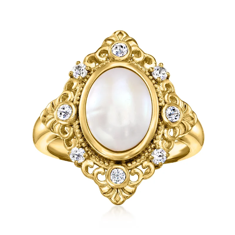 luxurious engagement rings -Ross-Simons 11x8mm Cultured Pearl and . White Zircon Ring in 18kt Gold Over Sterling