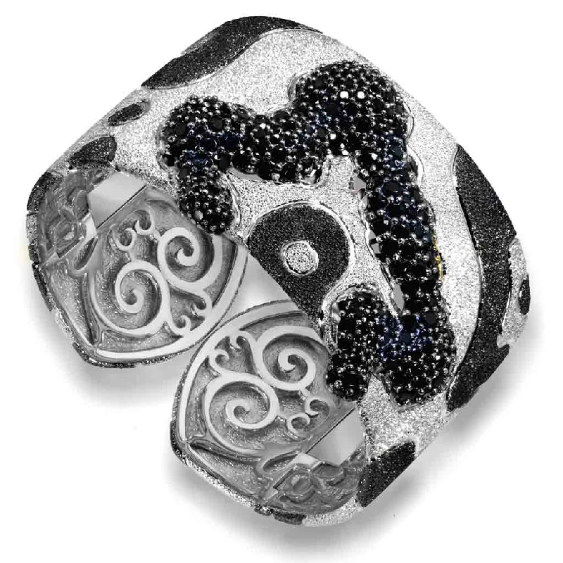 wedding bangle bracelets -Silver Cora Pattern Cuff Bracelet with Black Spinel