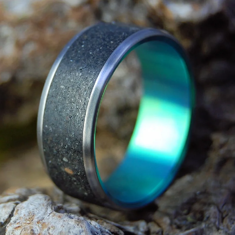 trendy women’s rings -Icelandic Green Aurora | Men's Beach Sand, Lava & Titanium Wedding Ring